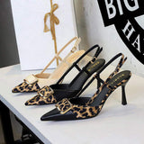 New Fashion Belt Buckle Strap Shoes Pointed Toe Women Pumps Heels Leopard Print Sexy Dress Sandalias De Mujer