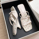 Wedge Sandals Women's Cute Floral Print Slipper Casual Bow Square Toe Slip-On Heels