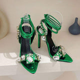 Ankle Lace up Chaussures a Talons Point Toe Luxury Sexy Crystal Gold Strappy Heels for Women