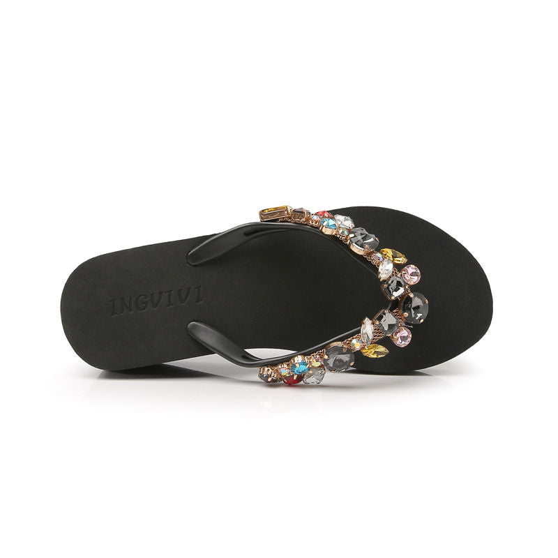Summer Beach Crystal Rhinestone Handmade Wedge Shoes Female Ladies Flip Flops Slippers