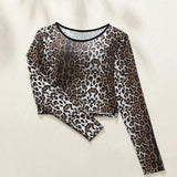 New Arrival Sexy Elegant Women Long Sleeve Skinny Top Featuring Leopard Print Sustainable Ladies Sexy Short Top
