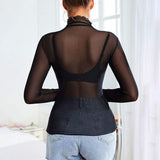 Hot Selling Solid Color Elegant Women's Sheer Shirt Sexy Tight High Neck Long Sleeve Sheer Mesh Top Base Layer