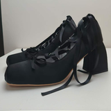 Women's Crisscross Strappy Block High Heels Shoes Quality Top Grade Satin Materials Ballet High Heel Sandals