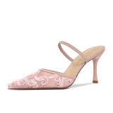 Scarpe Donna Tacco Alto Pink Lace Floral Stiletto Mules Pointed Toe Party Heels for Women