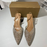 Summer Pointed-Toe Women's Stiletto Heels Sandals Open-Back, Pearl-Detailed, Ankle-Strapped, Toe-Covered Slide Sandals