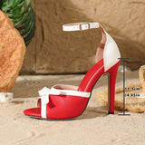 Elegant Red and White Contrast Bowknot Women Sexy Peep Toe Stiletto Sandals Ankle Strap Dress High Heels