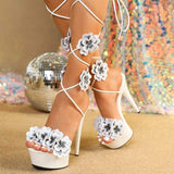 Flower Strappy Sandales Chaussures Dames Summer Open Toe Ankle Lace up Platform Strap Heels for Women