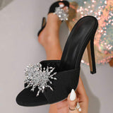 Fashion Blue Denim Women Sparkling Rhinestone Flower Stiletto Sandals Sexy Party Dress Shoes Heels