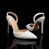 Big Size Ladies Full Pearl Decorated High Heels Pointed Toe Slingback Pumps Elegant White Dress Shoes Women Sexy Heeled Sandals