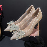 Wedding Party 2025 Fashion Female Pointed Toe Satin Bling Rhinestones Pumps Stiletto Heels