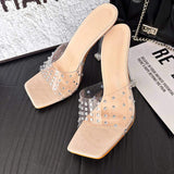 Tacones De Mujer Bling Transparent PVC Rhinestone Peep Toe High Heel Mule Clear Acrylic Stiletto Sandals
