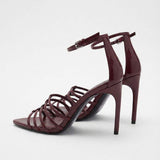 Chaussures-Femm Talon Women's Burgundy Pointed Toe Stiletto Heels Strappy Ankle Buckle Sandals