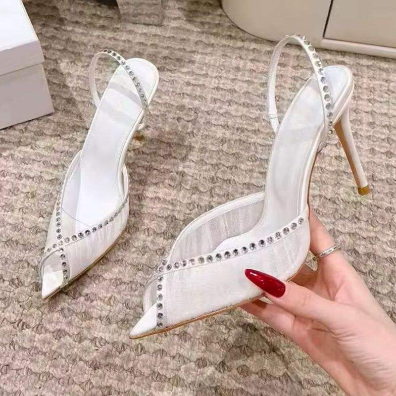 8.5CM/10CM Zapato De Tacon Women's Lace Rhinestone Slingback Heels Pointed Toe Stiletto Sandals for Wedding Party Evening