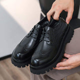 Thick Sole Height Increasing 4cm Good Quality Brogue Pattern Loafers Round Toe Lace up Durable Men Chunky Dress Shoes