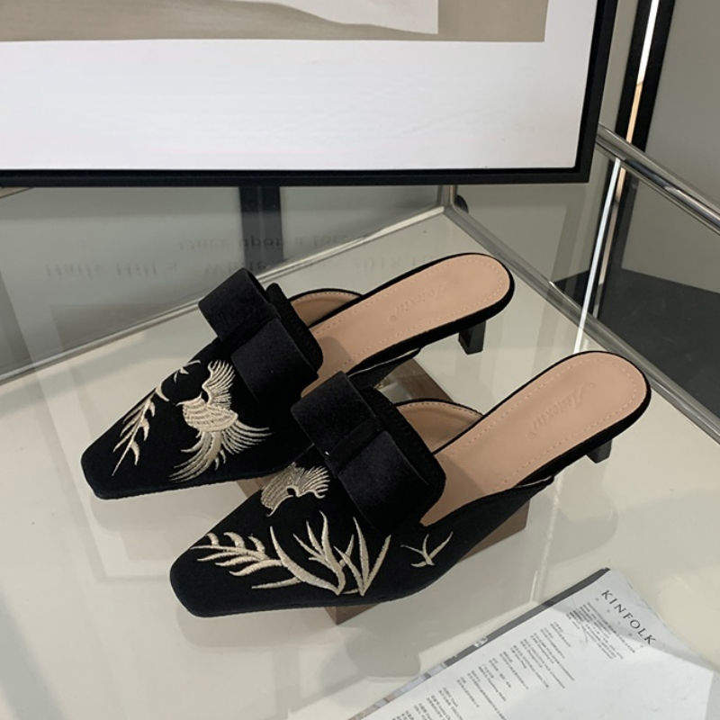 5CM Low Retro Bow Embroidery Slipper Loafer Fashion Female Talons Pour Femmes Kitten Mules Heels