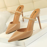 Talon Femme High Quality Lady Closed Pointed Toe Sandals Mules Pumps Sexy Women's Heels