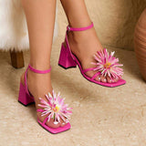 Women's Square-toe 3D Flower Embellished Block Heel Sandals - Elegant, Luxurious & Stylish Fuchsia High-heel Shoes