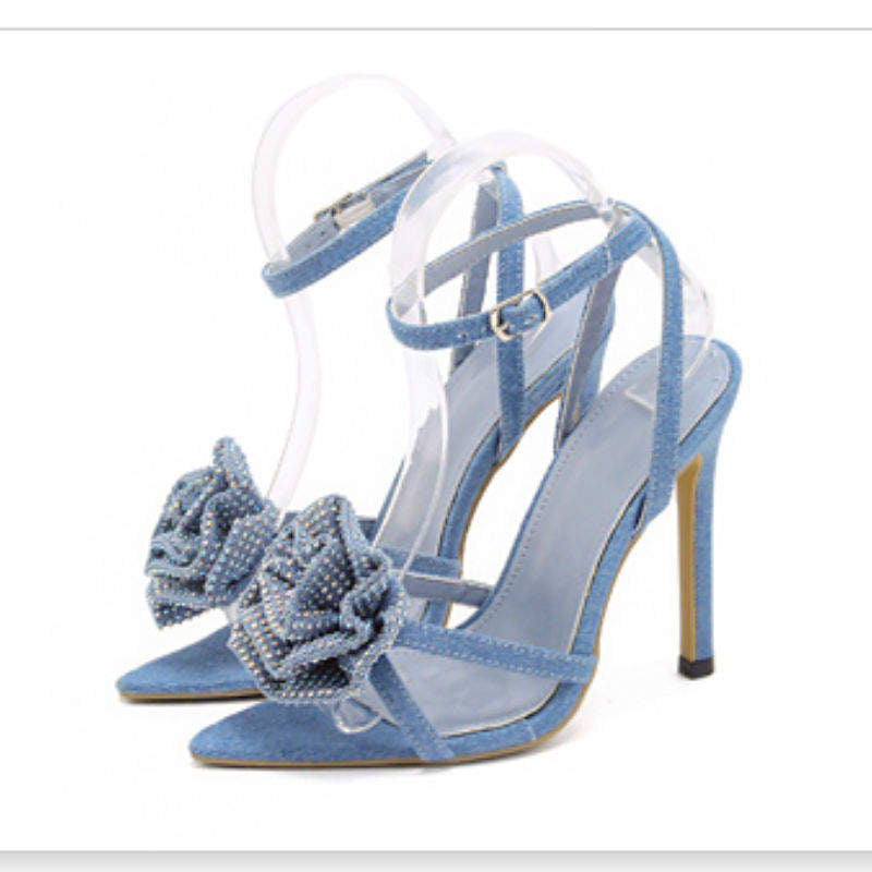 Es Chaussures Talon Femmes Escarpins Slip on Style Rose Flower Denim High Heel for Women