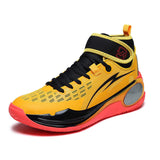 Mens High Top Yellow Basketball Shoes Professional Athletic Sneakers with Ankle Support Strap Breathable Court Training Footwear