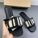 Fashion Striped Flat Sandals for Women Luxury Buckle Slip On Mules Outdoor Square Toe PU Leather Slide Slippers