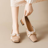 Sandale Plat Women's Fashion Square Toe Block Heel 2.5CM Pearl Party Rhinestone Strap Satin Work Office Shoes