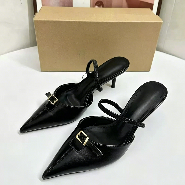 Chic Pointed Toe PU Leather Heeled Mules for Women Stylish Buckle Decor Low Heel Slingback Sandals Formal Work Shoes Black