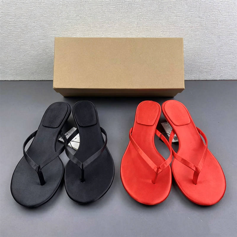 Elegant Satin Texture Flip Flops Women Slim Straps Kitten Heel Sandals Sexy Red Black Summer Party Evening Slide Shoes