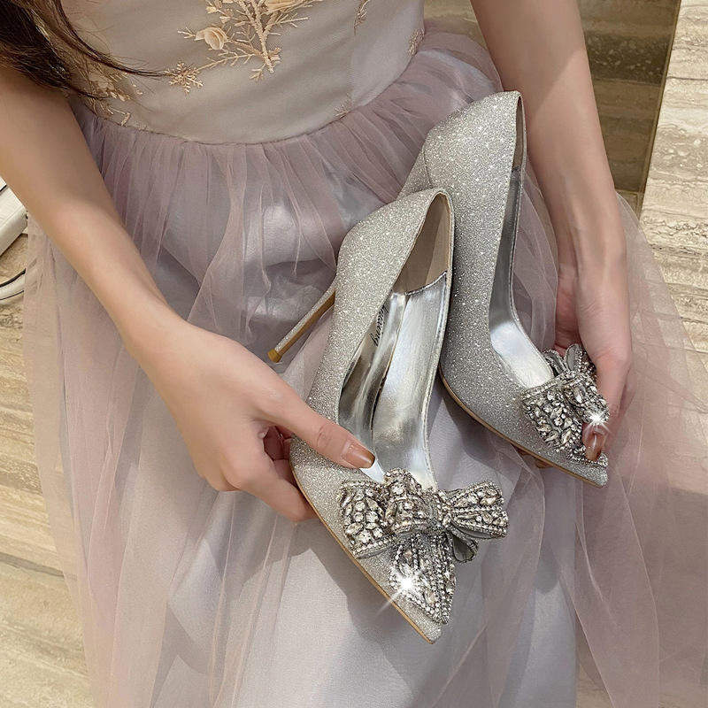 6CM/8CM/ 10CM Bling Glitter Sandales Talon Femme Elegant Trendy Pumps Silver Wedding Heels for Ladies