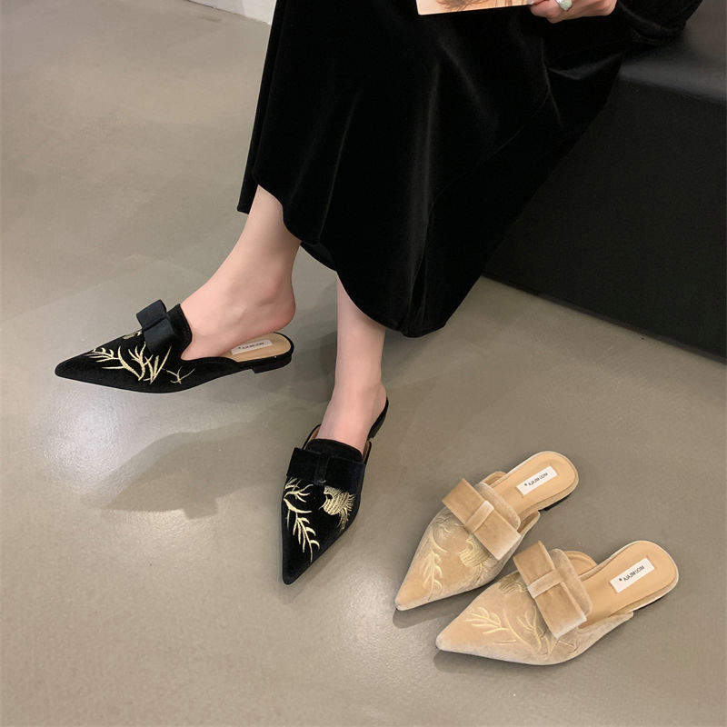 Embroidery Outdoor Slippers Closed Toe Female Ladies Casual Loafer Spring Flat Shoes