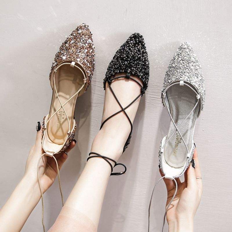 Outdoor Sandalias Summer Ankle Strappy Bling Sequin Closed Toe Luxury Flat Sandals for Women 2025