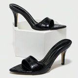 Women's Sexy Stiletto Heeled Sandals - Stone Texture, Pointed-Toe Ankle Strap Stylish Black Heeled Pumps