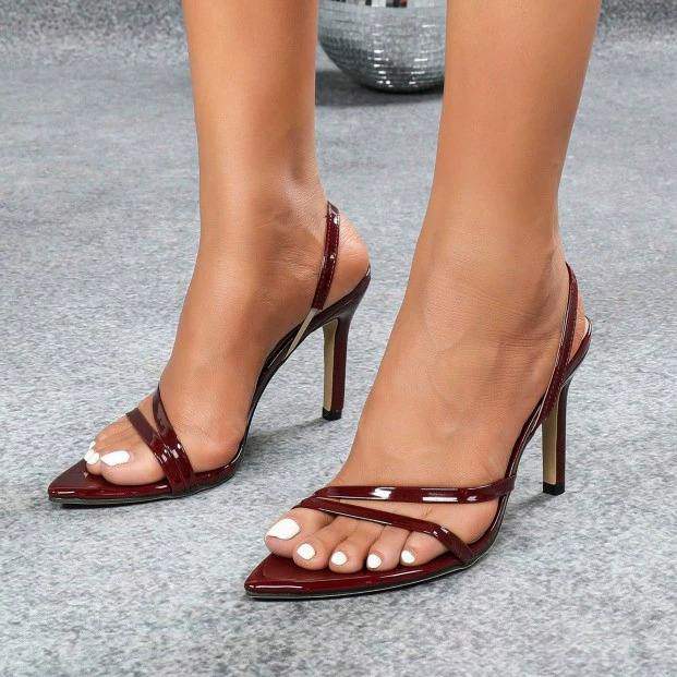 Ladies' Patent Leather Pointed-Toe Single-Strap with Rear Ankle-Strap Stiletto Sandals - Party Heels for Leg-Lengthening Effect