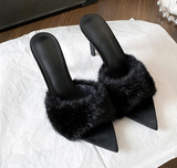 Women's Fuzzy Fur Stiletto Mule Sandals Soft Insole Elegant Open Toe Slip on Heels for Party Date Daily Casual Wear