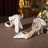 Wedding Pearl Ankle Zapatos Tacon Mujer Party Sexy New European Fashion White Pointed Heel Women's Pumps
