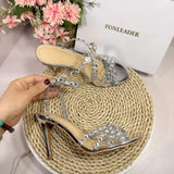 Rhinestone 9.5CM Sandals Women Sexy Silver Stiletto Dress Shoes Ankle Strap Wedding Party Prom Night Heels