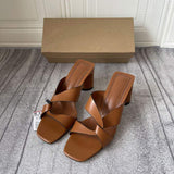 New Style Casual Women's Brown Block Heel Sandals - Minimalist Square Toe, Open-Toe, Outdoor-Wearable High-Heel Slides