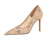 2025 New Lace Glitter Women Pumps Shallow Mouth Mesh Hollow Party Single Shoes Stilettos Pointed Toe Pumps High Heels