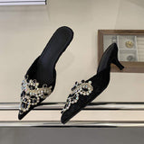 Elegant Pink Lace Kitten Heel Mules Women Crystal Beaded Pointed Toe Sandals Breathable Mesh Wedding Party Heels