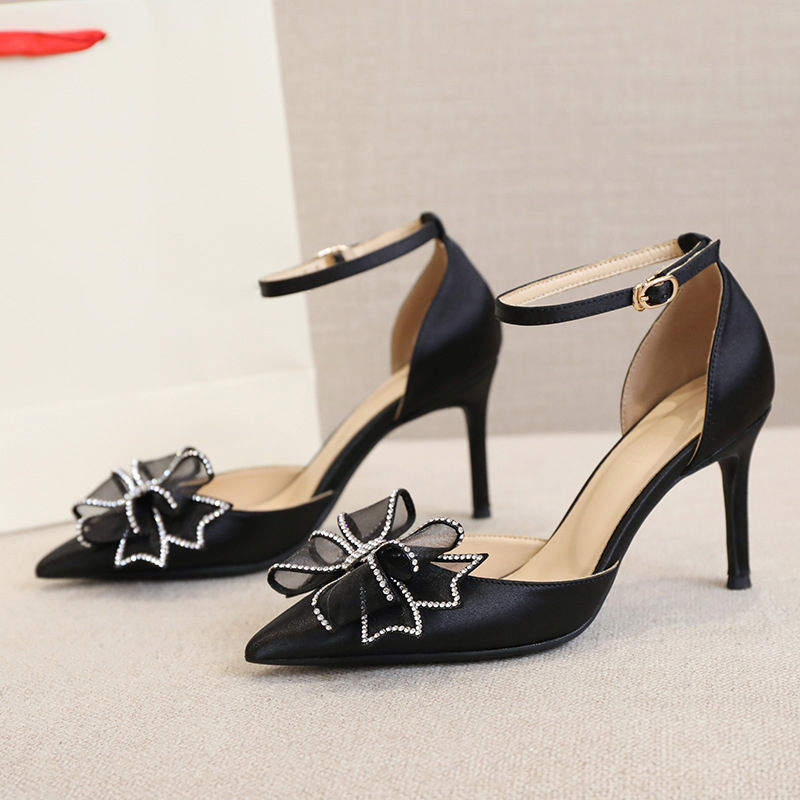 New Arrival Fancy Bow Rhinestone Buckle Strap Pointed Toe Heels for Ladies