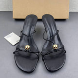 Chic Strappy Slide Sandals Metallic Sphere Black PU Leather Heeled Mules Elegant Square Open Toe Prom Shoes for Ladies