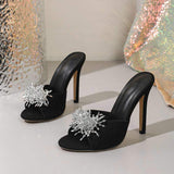 Fashion Blue Denim Women Sparkling Rhinestone Flower Stiletto Sandals Sexy Party Dress Shoes Heels