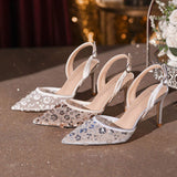 8CM Sparkly Flower Evening Gown Footwear Champagne Silver Ladies Sexy Backstrap Sandals Comfortable Thin Heel