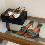 Talon Elegant Buckle Stiletto Open Toe Slip-On Slippers Metallic & Green Summer Slides Sandals Heel for Ladies