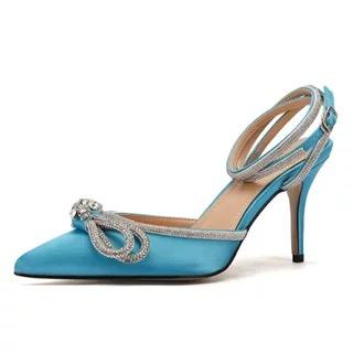 Silk Material Talons Haut Sexy Escarpins High QUality Trendy Cover Toe Crystal Diamond Bow Heels for Fall and Spring