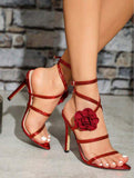 New Style Red Rose Single-Strap Sandals - Summer Sexy High-Heel Shoes with Leg-Lengthening Effect & Elegant Ladies Shoes