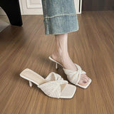 Women 2025 New Slide Sandals Cross Strap Heels Open Toe Slip on Summer Woven Slippers