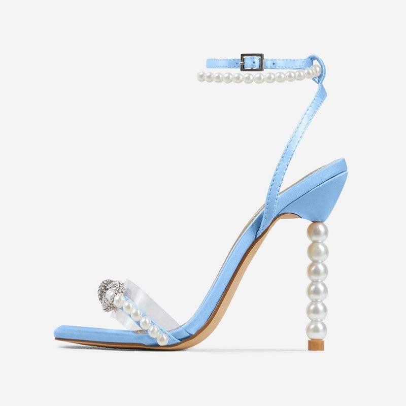 Luxury Design 11CM Open Toe Ankle Lace up Cross Strap Party Wedding Pearl Fancy Heels for Women