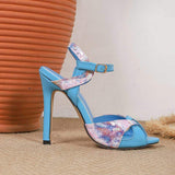 Summer Sky Blue Ankle Strap Sandals Pointed Open Toe High Heels Fashion Wedding Evening Party Mixed Color Dress Shoes for Women