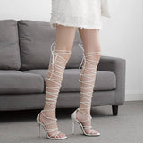 Hot Sexy Lace up High Heels Women Knee High Strappy Stiletto Sandals Open Toe Long Party Dress Pump Shoes
