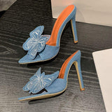 Summer&Spring Outdoor Slippers Trending Metal High Stiletto Butterfly Blue Denim Heels for Woman